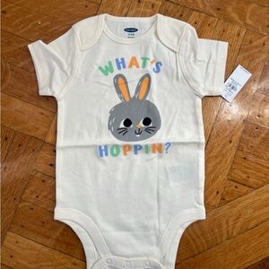 Old Navy Cream Baby Onesie with Gray Bunny and Multicolor Lettering